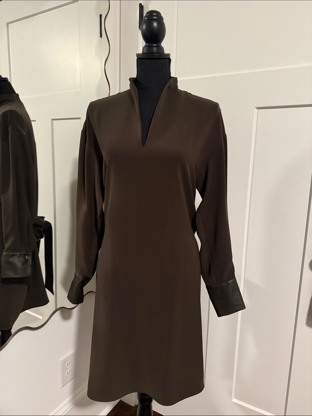 Vince Dark Brown Long Sleeve V-Neck Tie-Waist Dress - Picture 6 of 6